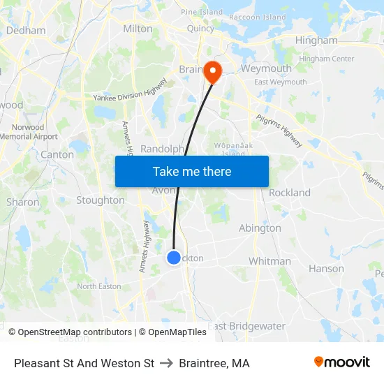 Pleasant St And Weston St to Braintree, MA map