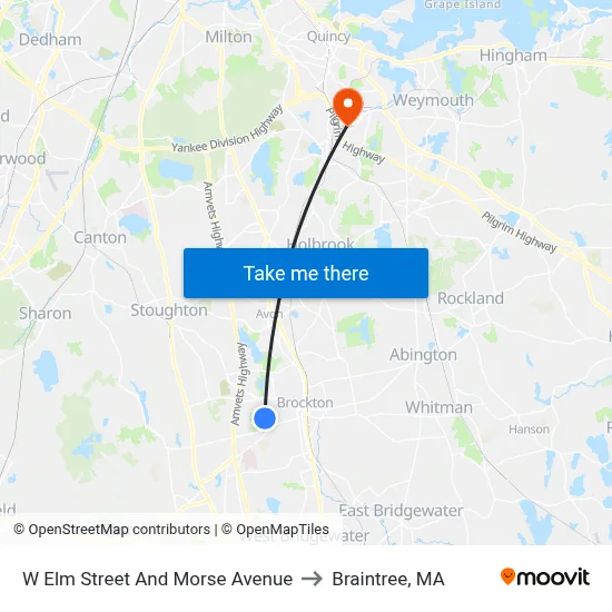 W Elm Street And Morse Avenue to Braintree, MA map