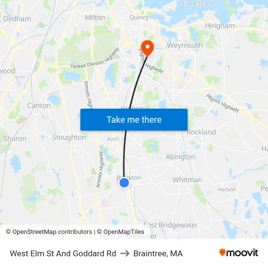 West Elm St And Goddard Rd to Braintree, MA map