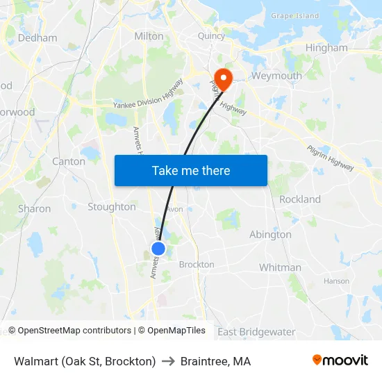 Walmart (Oak St, Brockton) to Braintree, MA map