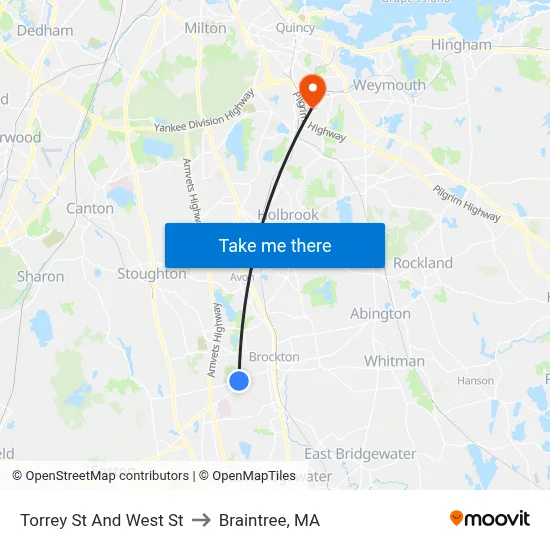 Torrey St And West St to Braintree, MA map