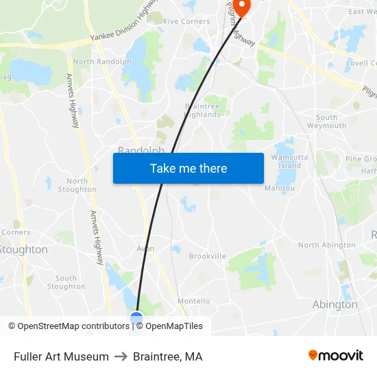 Fuller Art Museum to Braintree, MA map