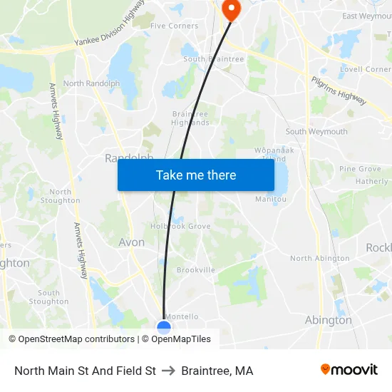 North Main St And Field St to Braintree, MA map