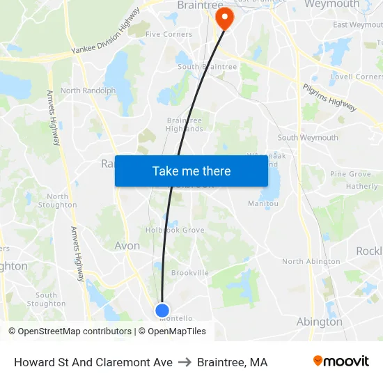 Howard St And Claremont Ave to Braintree, MA map