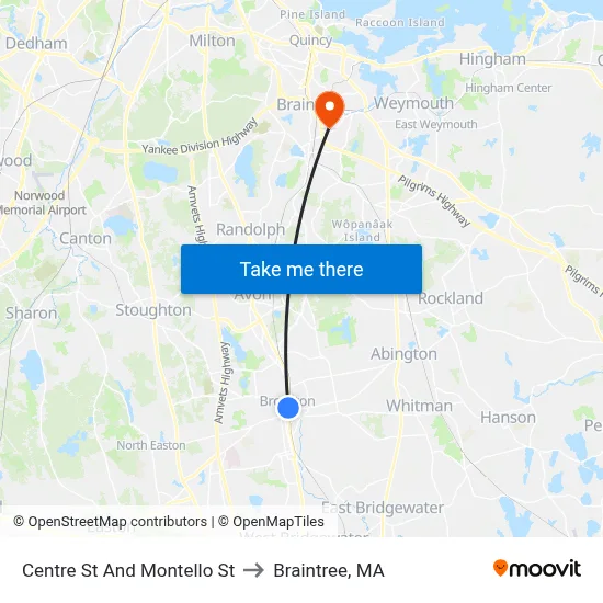 Centre St And Montello St to Braintree, MA map