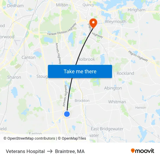 Veterans Hospital to Braintree, MA map
