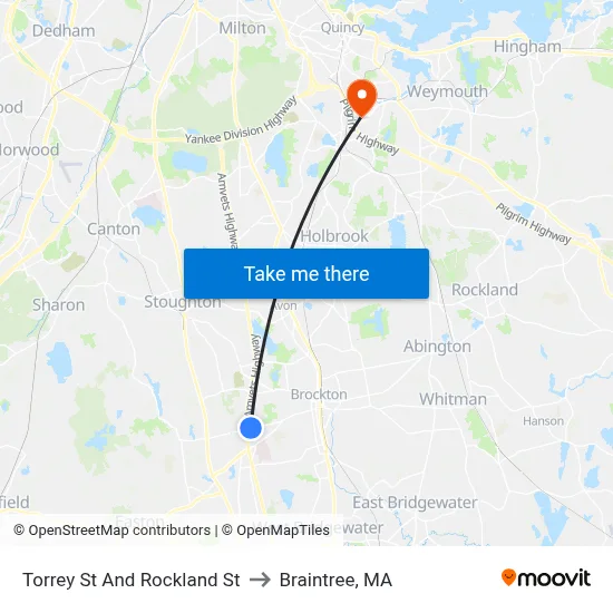 Torrey St And Rockland St to Braintree, MA map