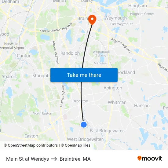 Main St at Wendys to Braintree, MA map