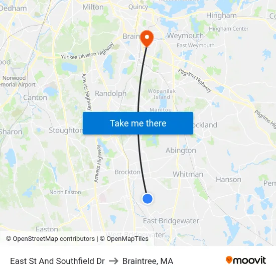 East St And Southfield Dr to Braintree, MA map