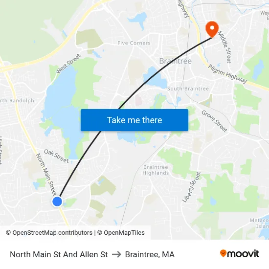 North Main St And Allen St to Braintree, MA map