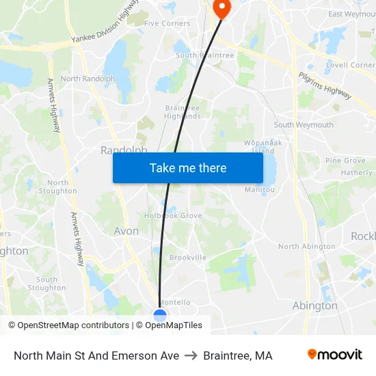 North Main St And Emerson Ave to Braintree, MA map