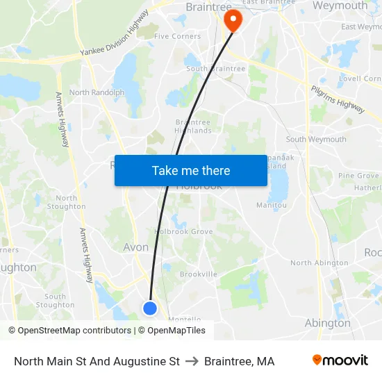 North Main St And Augustine St to Braintree, MA map