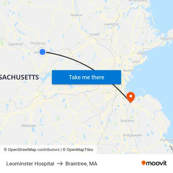 Leominster Hospital to Braintree, MA map