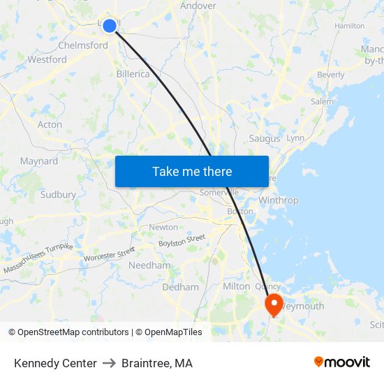 Kennedy Center to Braintree, MA map