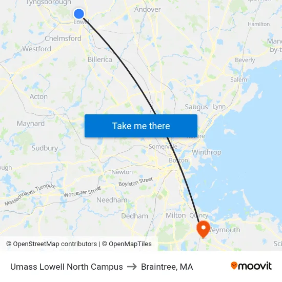 Umass Lowell North Campus to Braintree, MA map