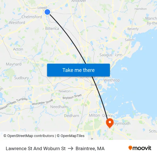 Lawrence St And Woburn St to Braintree, MA map