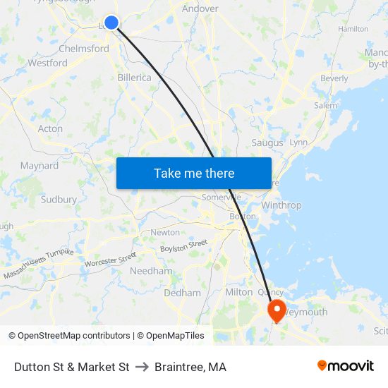 Dutton St & Market St to Braintree, MA map