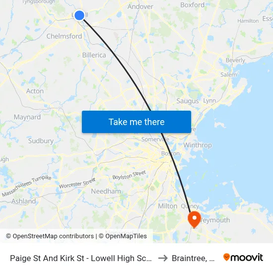 Paige St And Kirk St - Lowell High School to Braintree, MA map