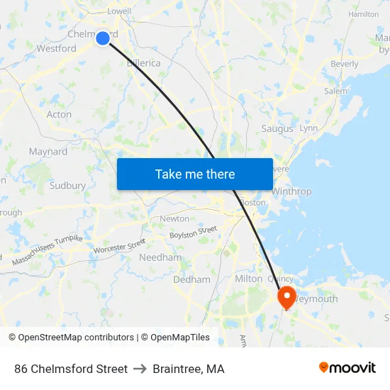 86 Chelmsford Street to Braintree, MA map