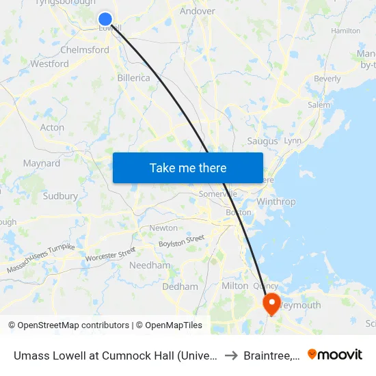 Umass Lowell at Cumnock Hall (University Ave) to Braintree, MA map