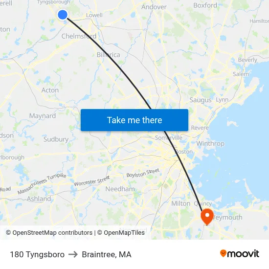 180 Tyngsboro to Braintree, MA map