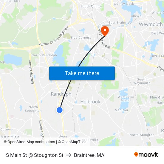 S Main St @ Stoughton St to Braintree, MA map
