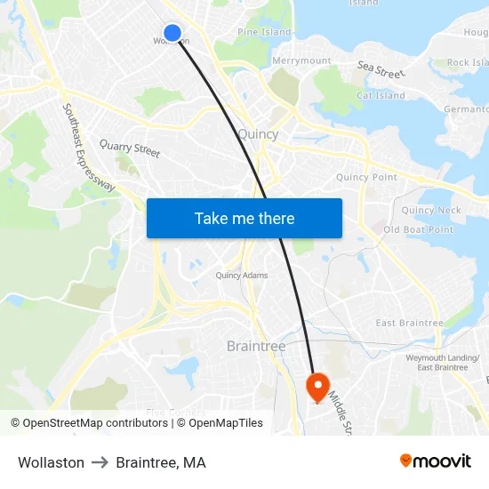 Wollaston to Braintree, MA map