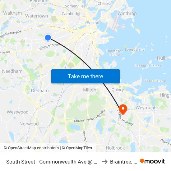 South Street - Commonwealth Ave @ South St to Braintree, MA map