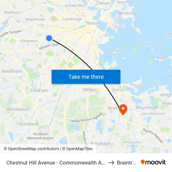 Chestnut Hill Avenue - Commonwealth Ave @ Chestnut Hill Ave to Braintree, MA map