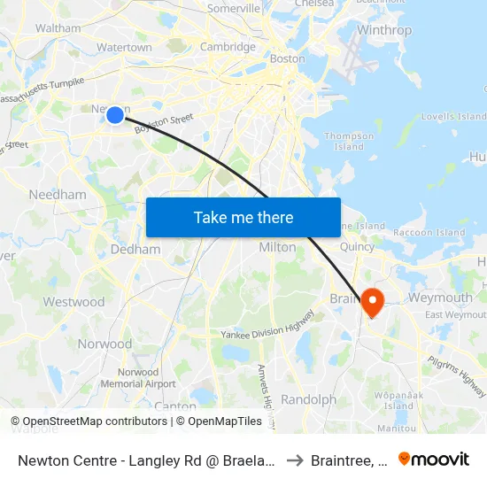 Newton Centre - Langley Rd @ Braeland Ave to Braintree, MA map