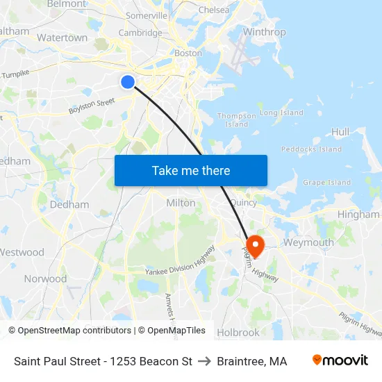 Saint Paul Street - 1253 Beacon St to Braintree, MA map