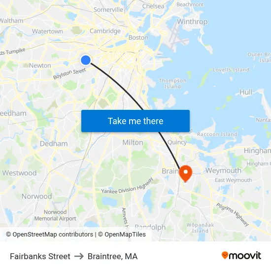 Fairbanks Street to Braintree, MA map