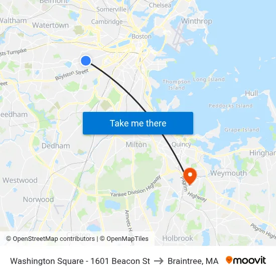 Washington Square - 1601 Beacon St to Braintree, MA map