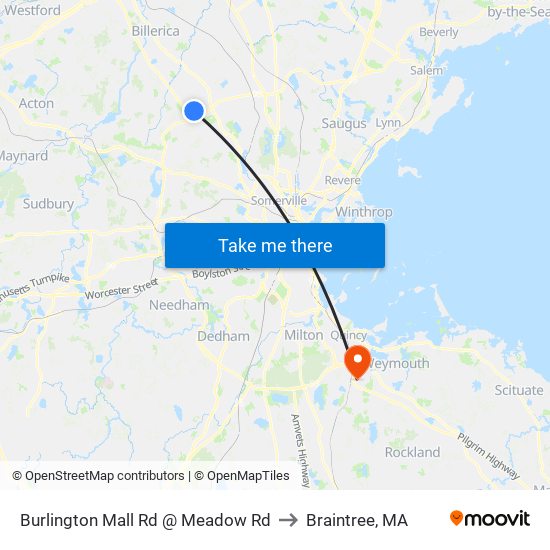 Burlington Mall Rd @ Meadow Rd to Braintree, MA map