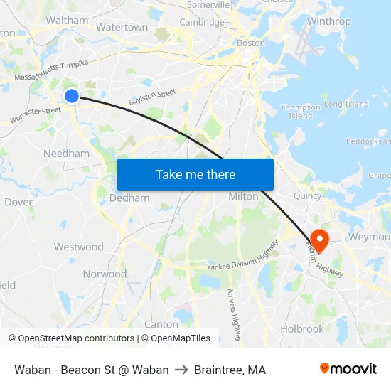 Waban - Beacon St @ Waban to Braintree, MA map