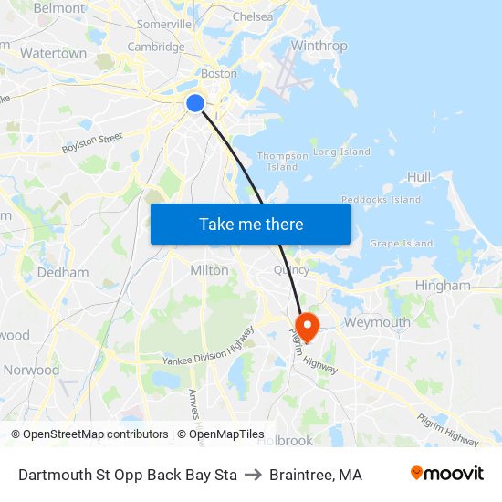Dartmouth St Opp Back Bay Sta to Braintree, MA map