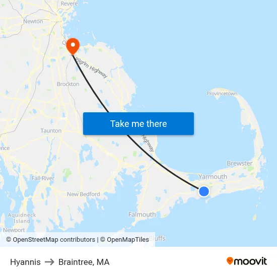 Hyannis to Braintree, MA map