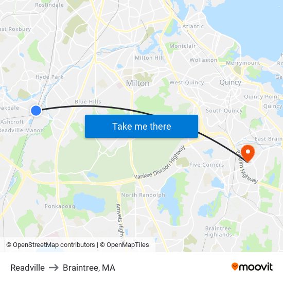 Readville to Braintree, MA map