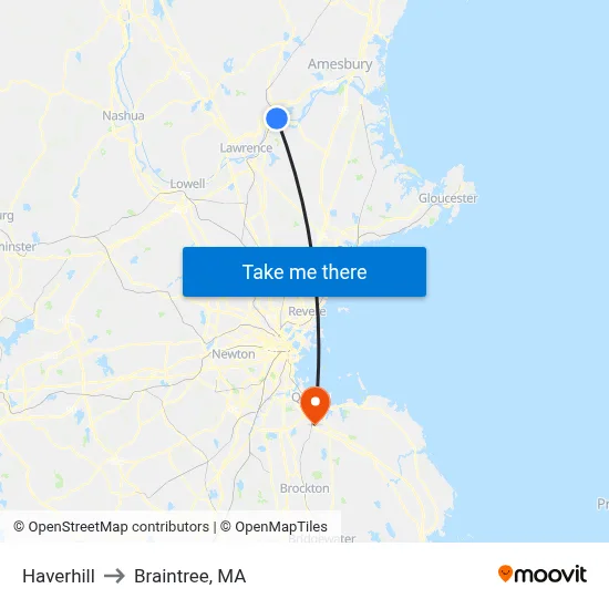 Haverhill to Braintree, MA map