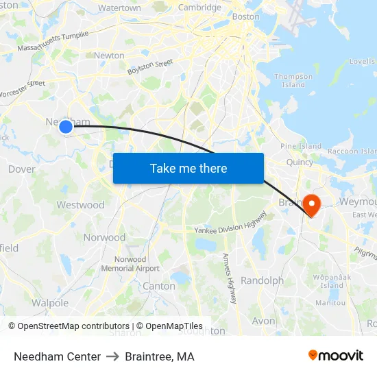 Needham Center to Braintree, MA map