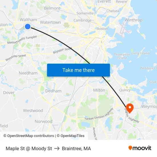 Maple St @ Moody St to Braintree, MA map