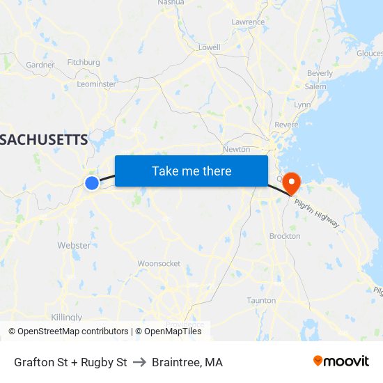 Grafton St + Rugby St to Braintree, MA map