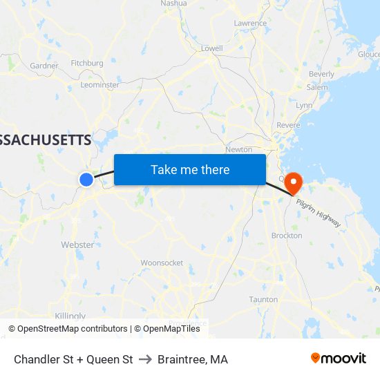 Chandler St + Queen St to Braintree, MA map