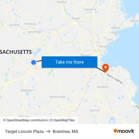 Target Lincoln Plaza to Braintree, MA map