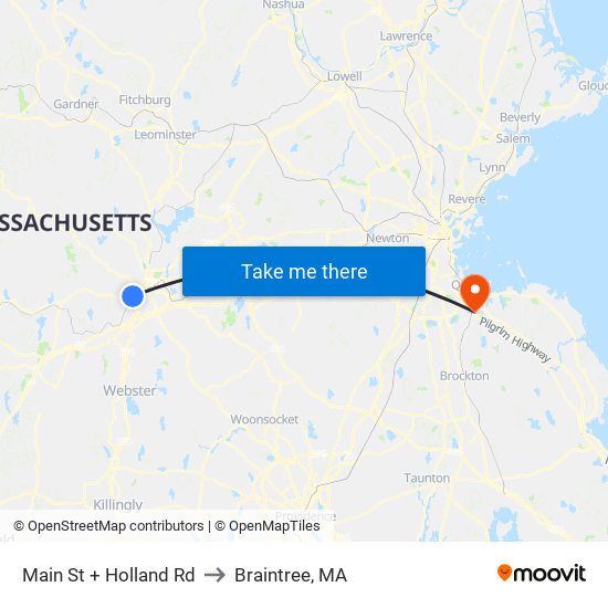 Main St + Holland Rd to Braintree, MA map
