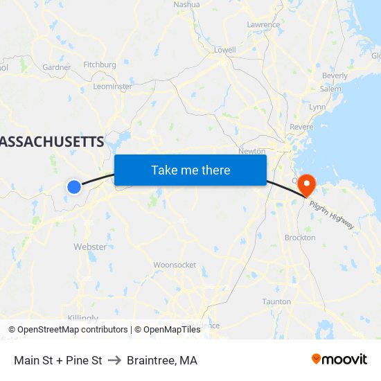 Main St + Pine St to Braintree, MA map
