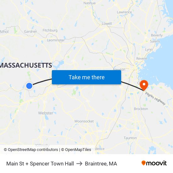 Main St + Spencer Town Hall to Braintree, MA map