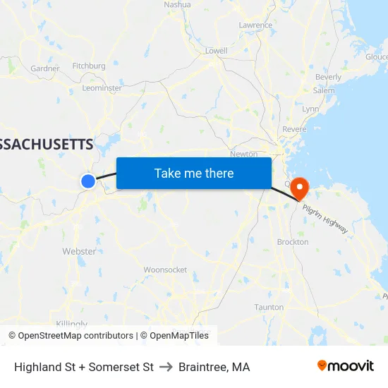Highland St + Somerset St to Braintree, MA map