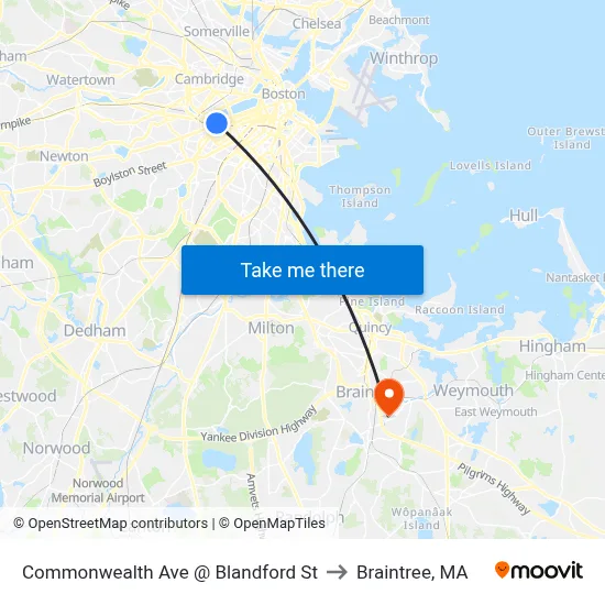 Commonwealth Ave @ Blandford St to Braintree, MA map