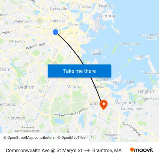 Commonwealth Ave @ St Mary's St to Braintree, MA map